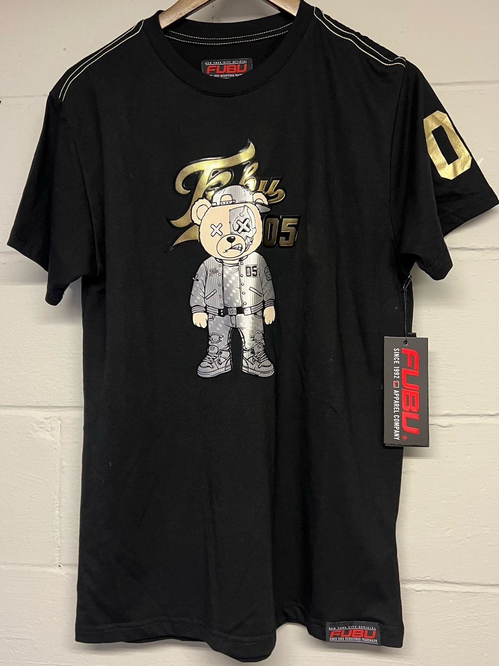 FUBU Black Short-Sleeve Tee with Gold Graphic Bear 05.